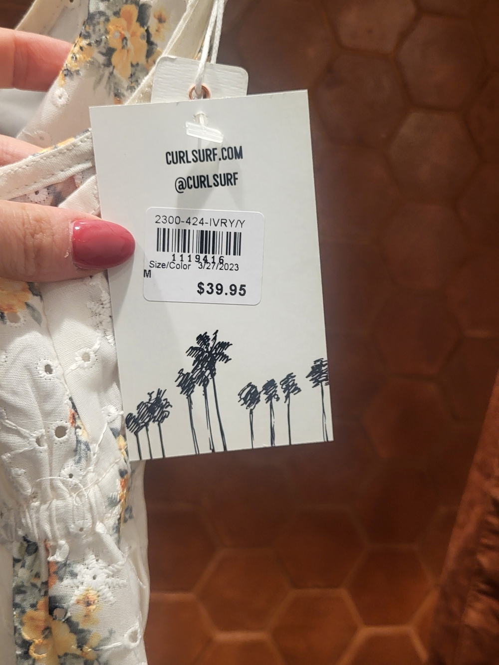 Nordstrom "Surf Curl" Ivory Floral Eyelet Blouse with Yellow and Green Accents